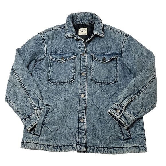 Zara Quilted Oversized Denim Jacket in Blue - Picture 1 of 5